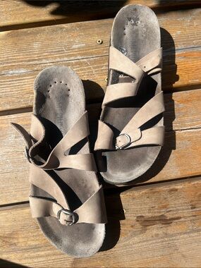 Mephisto Hannel Taupe Leather Crisscross Buckle Sandals